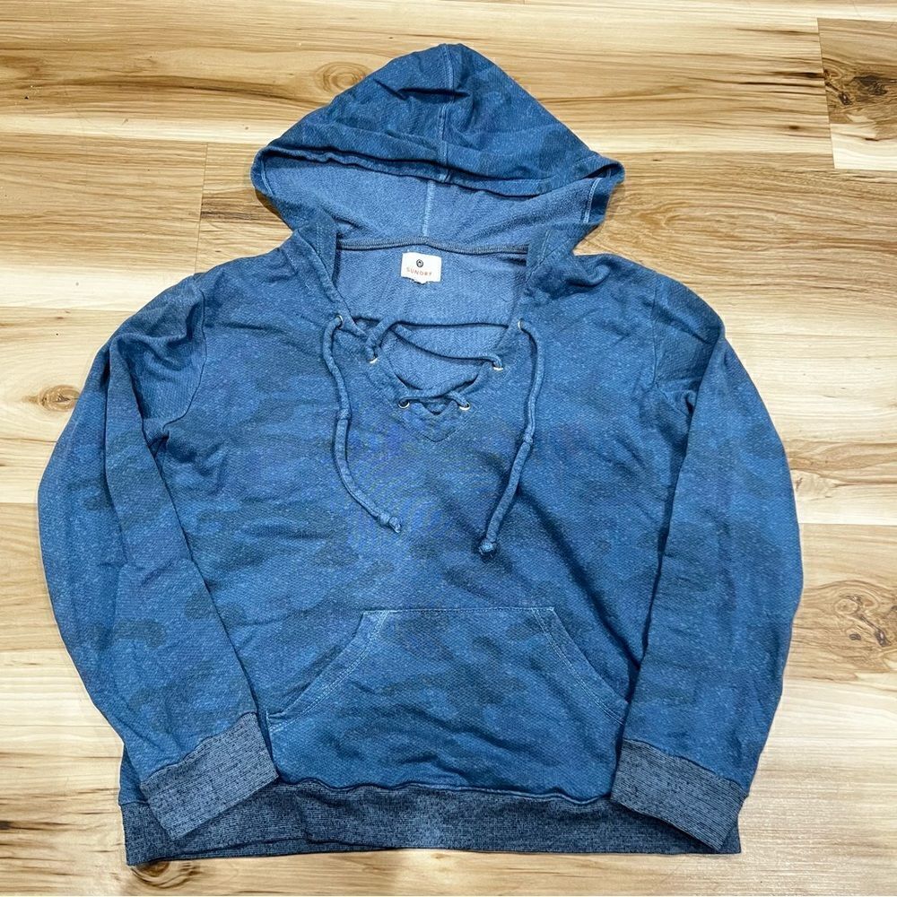 Sundry Blue Camo Lace Up Hoodie Sweatshirt Women’s Small 1